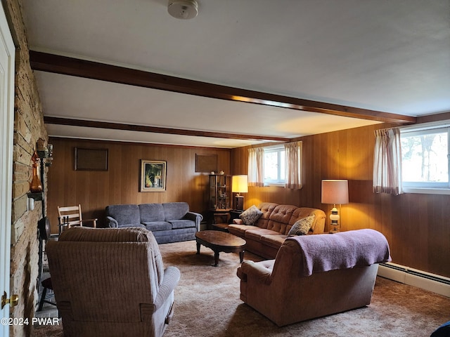 living room featuring beamed ceiling, carpet flooring, wooden walls, and a baseboard radiator