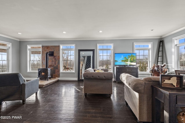 living room with dark hardwood / wood-style flooring, crown molding, and a wood stove