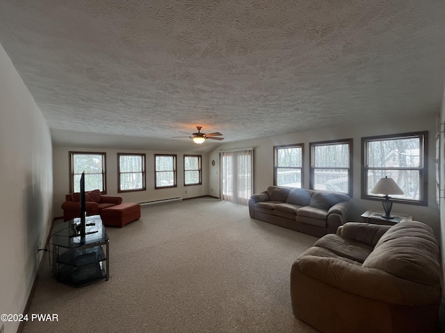 living room with ceiling fan, a baseboard radiator, and a textured ceiling