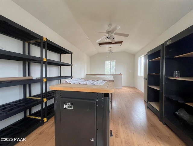 interior space featuring light wood finished floors, a ceiling fan, and vaulted ceiling