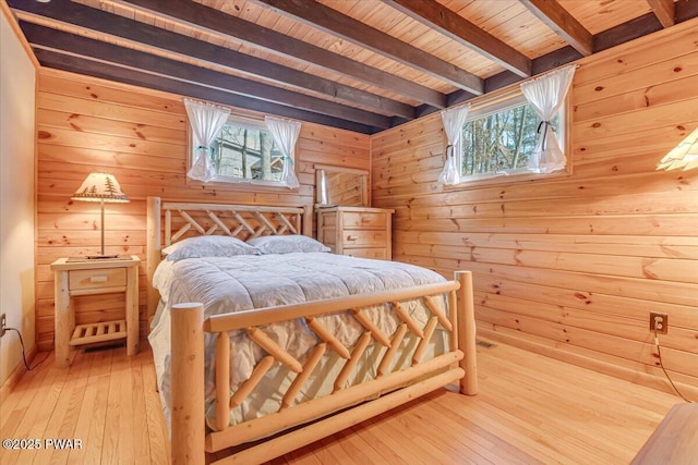 bedroom featuring light wood-type flooring, beam ceiling, wood ceiling, and wood walls