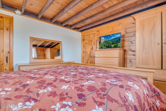 unfurnished bedroom featuring beamed ceiling, wooden ceiling, and wooden walls