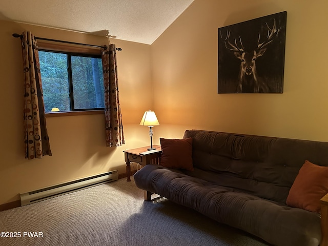 1024 Pitt Rd, Newfoundland, PA 18445 - living area featuring a baseboard heating unit, carpet flooring, and lofted ceiling
