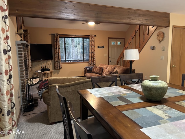 1024 Pitt Rd, Newfoundland, PA 18445 - dining area featuring stairway, light carpet, and ceiling fan