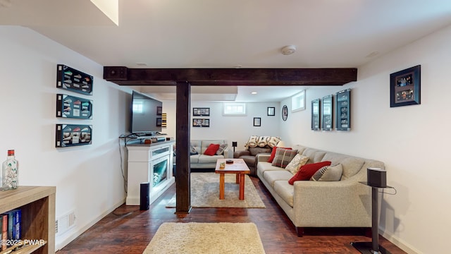 living room featuring beam ceiling and dark hardwood / wood-style flooring