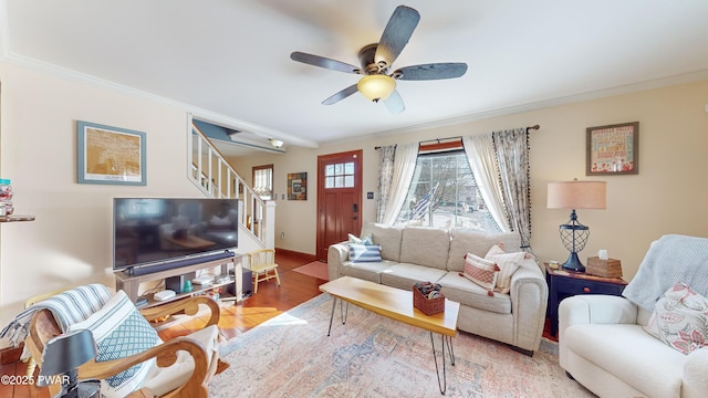 living room with ornamental molding, ceiling fan, and light hardwood / wood-style flooring