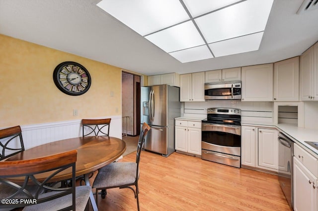 1528 Mount Cobb Rd, Jefferson Township, PA 18436 - kitchen featuring stainless steel appliances, light countertops, light wood finished floors, wainscoting, and tasteful backsplash
