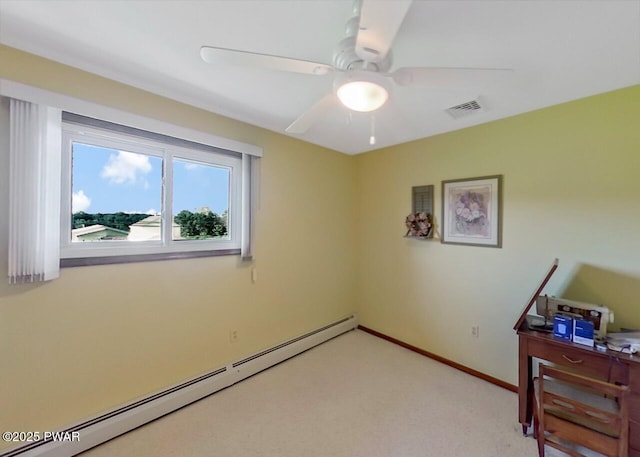 1528 Mount Cobb Rd, Jefferson Township, PA 18436 - bedroom featuring a baseboard heating unit, light colored carpet, and a ceiling fan