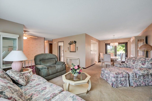 1528 Mount Cobb Rd, Jefferson Township, PA 18436 - living room with light carpet, a chandelier, and a ceiling fan