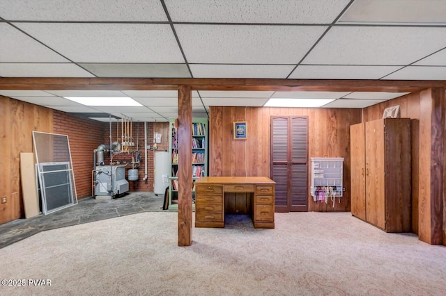 1528 Mount Cobb Rd, Jefferson Township, PA 18436 - finished basement with carpet, a drop ceiling, wooden walls, and water heater