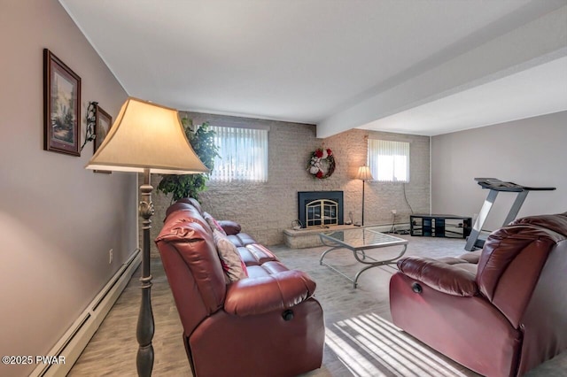 1528 Mount Cobb Rd, Jefferson Township, PA 18436 - living room with a baseboard heating unit, a fireplace, and wood finished floors