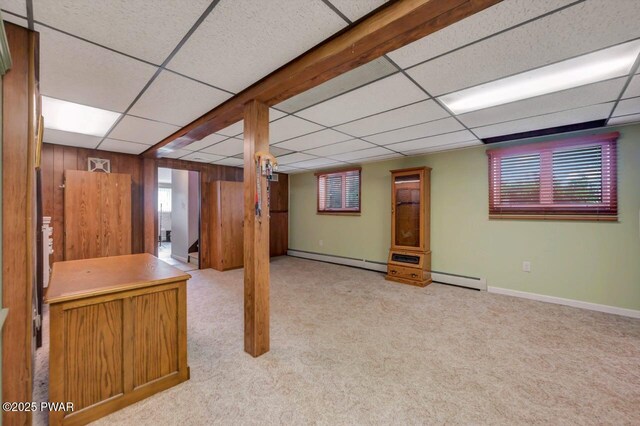 1528 Mount Cobb Rd, Jefferson Township, PA 18436 - basement with a drop ceiling, carpet, and a baseboard radiator