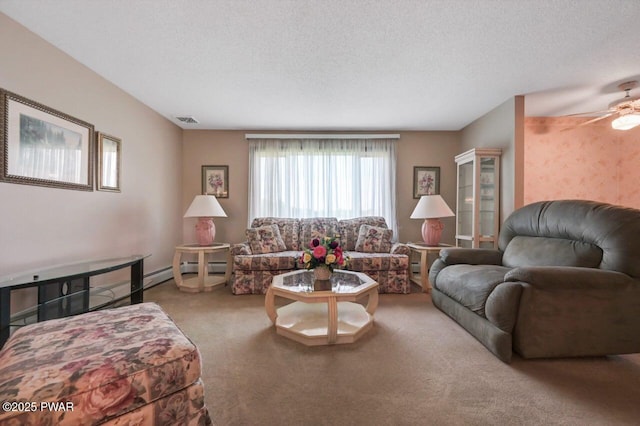 1528 Mount Cobb Rd, Jefferson Township, PA 18436 - living area with carpet flooring, a ceiling fan, and a textured ceiling
