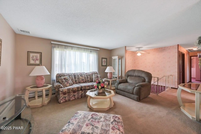 1528 Mount Cobb Rd, Jefferson Township, PA 18436 - living room with carpet, ceiling fan, and wallpapered walls