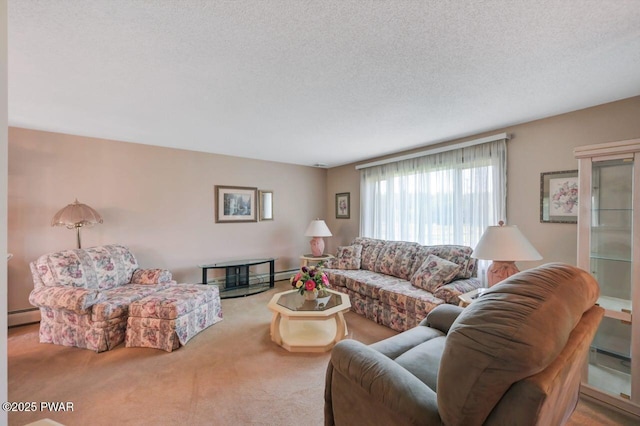 1528 Mount Cobb Rd, Jefferson Township, PA 18436 - carpeted living room featuring a textured ceiling and a baseboard radiator