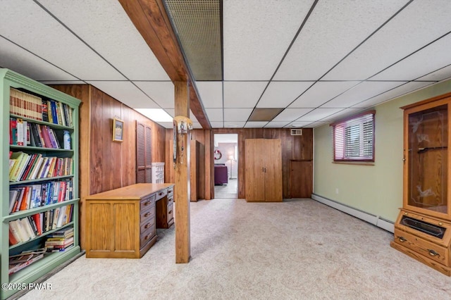 1528 Mount Cobb Rd, Jefferson Township, PA 18436 - below grade area featuring wooden walls, carpet floors, a paneled ceiling, and a baseboard heating unit