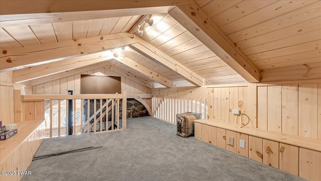 bonus room featuring wood ceiling, carpet floors, and lofted ceiling