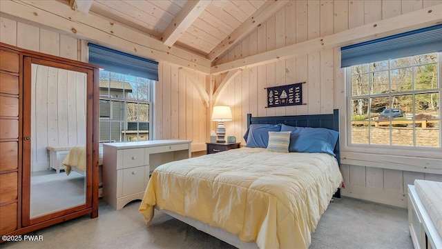 bedroom featuring wooden walls, wood ceiling, lofted ceiling with beams, and light carpet