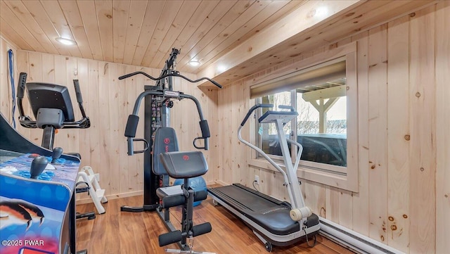 exercise area with baseboards, wood ceiling, wood finished floors, and wooden walls