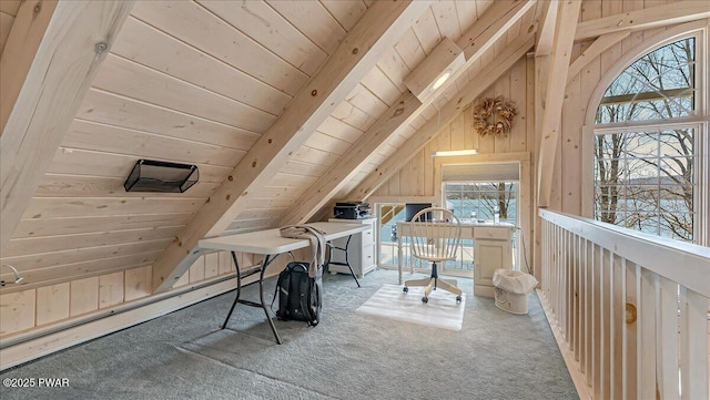 office with carpet flooring, a baseboard heating unit, wooden ceiling, and vaulted ceiling with beams