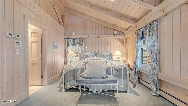 bedroom featuring wooden ceiling, vaulted ceiling with beams, and wood walls