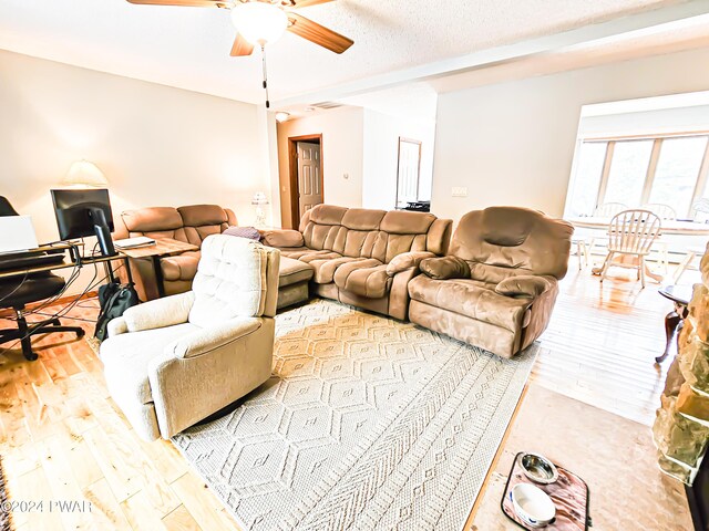 living room featuring a textured ceiling, light hardwood / wood-style floors, and ceiling fan