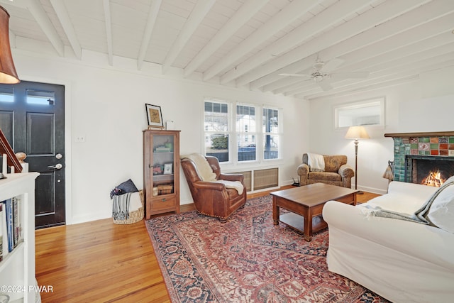 living room with beam ceiling, wood-type flooring, wooden ceiling, and a fireplace