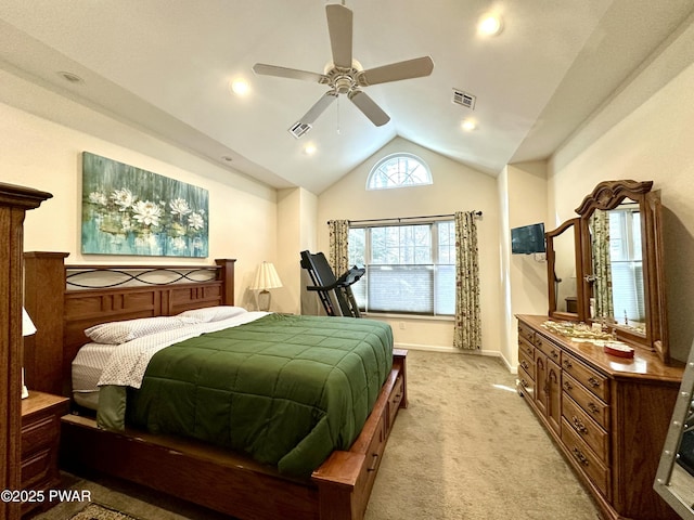 bedroom featuring light colored carpet, visible vents, lofted ceiling, and baseboards