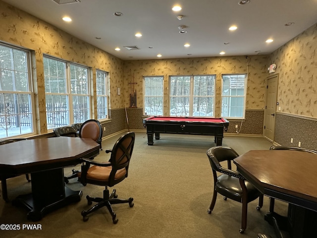 recreation room featuring carpet floors, wallpapered walls, recessed lighting, and wainscoting