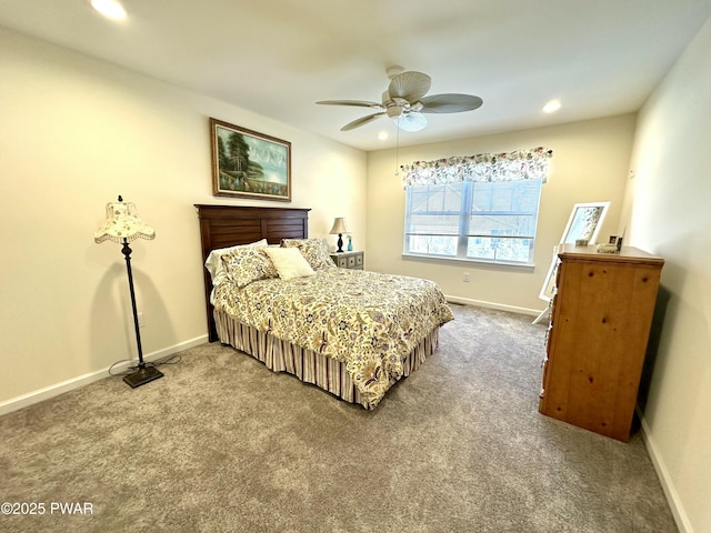 carpeted bedroom featuring a ceiling fan, recessed lighting, and baseboards