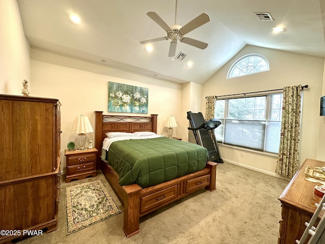 bedroom with light carpet, ceiling fan, vaulted ceiling, and visible vents