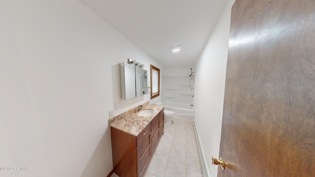 full bathroom featuring vanity, tub / shower combination, tile patterned floors, and toilet