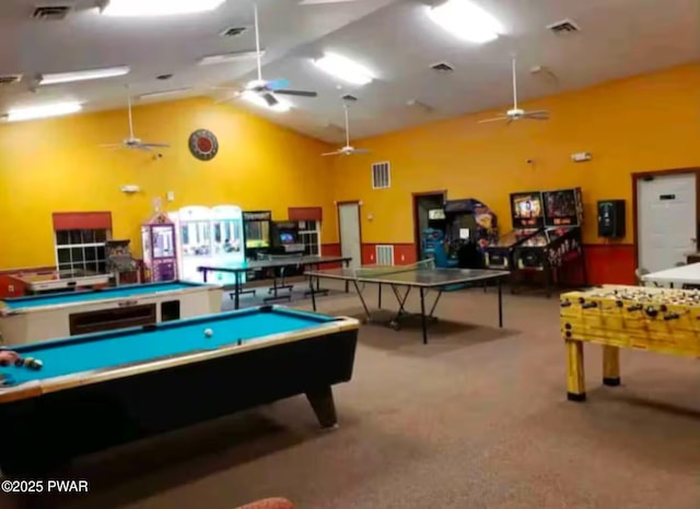 1007 Apache Ct, Lake Ariel, PA 18436 - playroom with vaulted ceiling, a ceiling fan, carpet floors, and pool table
