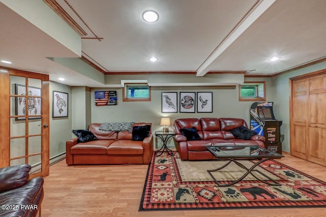 1007 Apache Ct, Lake Ariel, PA 18436 - living room featuring crown molding, light wood finished floors, recessed lighting, and baseboard heating