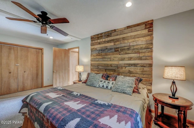 1007 Apache Ct, Lake Ariel, PA 18436 - bedroom featuring carpet floors, recessed lighting, wood walls, and ceiling fan