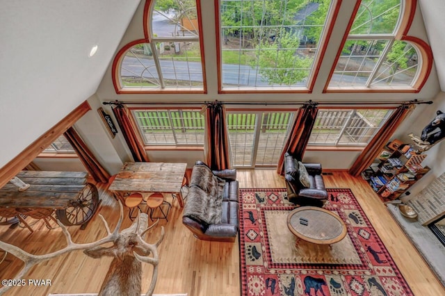 1007 Apache Ct, Lake Ariel, PA 18436 - living room with high vaulted ceiling, wood finished floors, and plenty of natural light