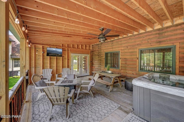 1007 Apache Ct, Lake Ariel, PA 18436 - view of patio / terrace with french doors, a hot tub, an outdoor fire pit, ceiling fan, and a wooden deck