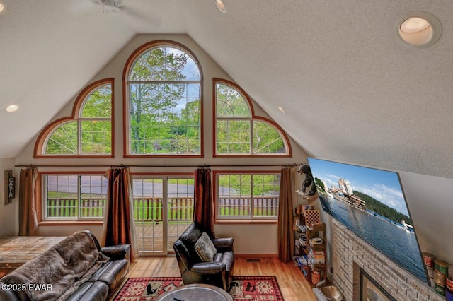 1007 Apache Ct, Lake Ariel, PA 18436 - living area with wood finished floors, a fireplace, and high vaulted ceiling