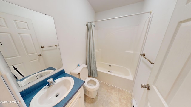 103 Windwards Ln, Dingmans Ferry, PA 18328 - bathroom featuring vanity, shower / bathtub combination with curtain, baseboard heating, and tile patterned flooring