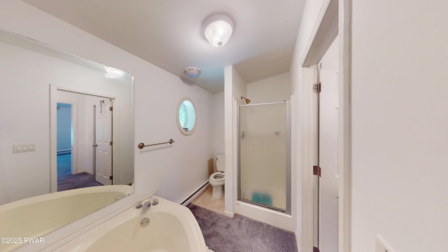103 Windwards Ln, Dingmans Ferry, PA 18328 - full bath featuring a stall shower, a garden tub, and baseboard heating
