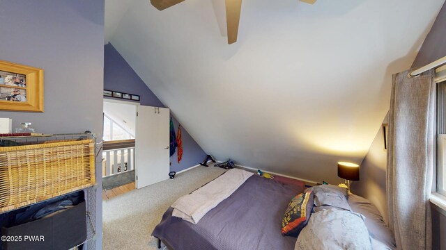 bedroom with lofted ceiling and carpet floors