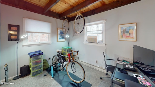 office featuring wood ceiling, plenty of natural light, cooling unit, and beam ceiling