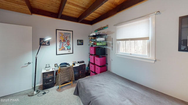 bedroom with carpet, wooden ceiling, and beamed ceiling