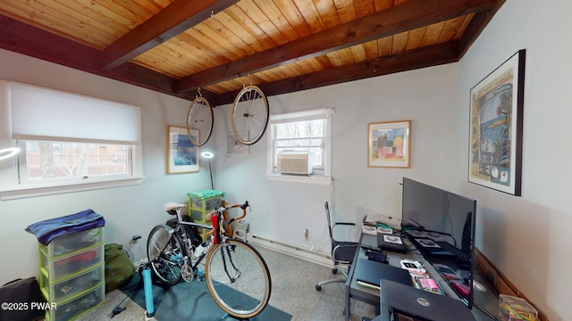 office with wood ceiling, a baseboard heating unit, and beam ceiling