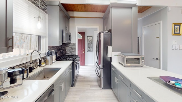 kitchen featuring tasteful backsplash, appliances with stainless steel finishes, gray cabinets, light countertops, and a sink