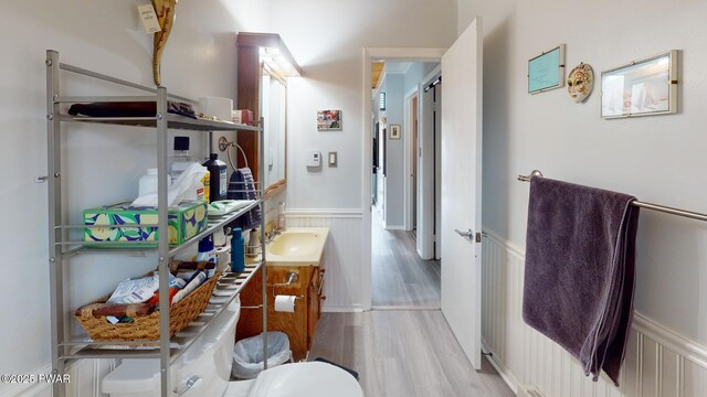 bathroom featuring wainscoting, vanity, and wood finished floors