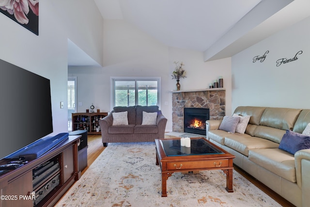102 Circle Dr, Milford, PA 18337 - living room featuring wood finished floors, a fireplace, and high vaulted ceiling