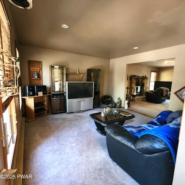 111 Ranger Rd, Greeley, PA 18425 - carpeted living area featuring recessed lighting and a fireplace