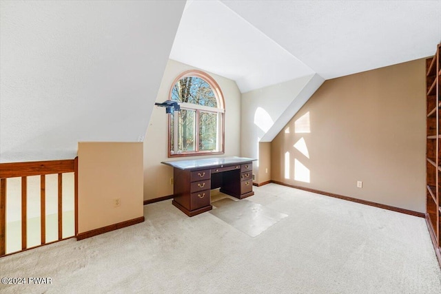 additional living space featuring light carpet and vaulted ceiling