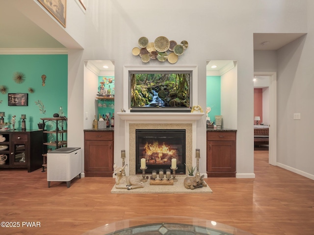 803 Macintosh Way, Matamoras, PA 18336 - living area with baseboards, ornamental molding, a glass covered fireplace, and wood finished floors